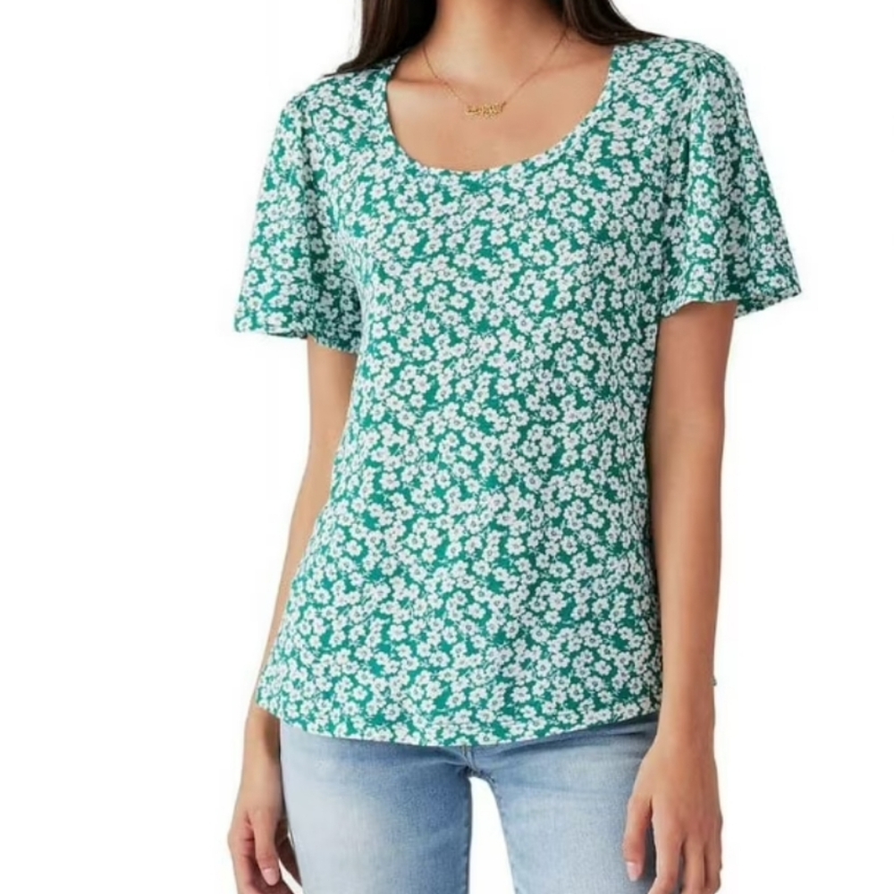 Lucky Brand Top Womens Small Green White Floral Daisies Round Neck Short Sleeve